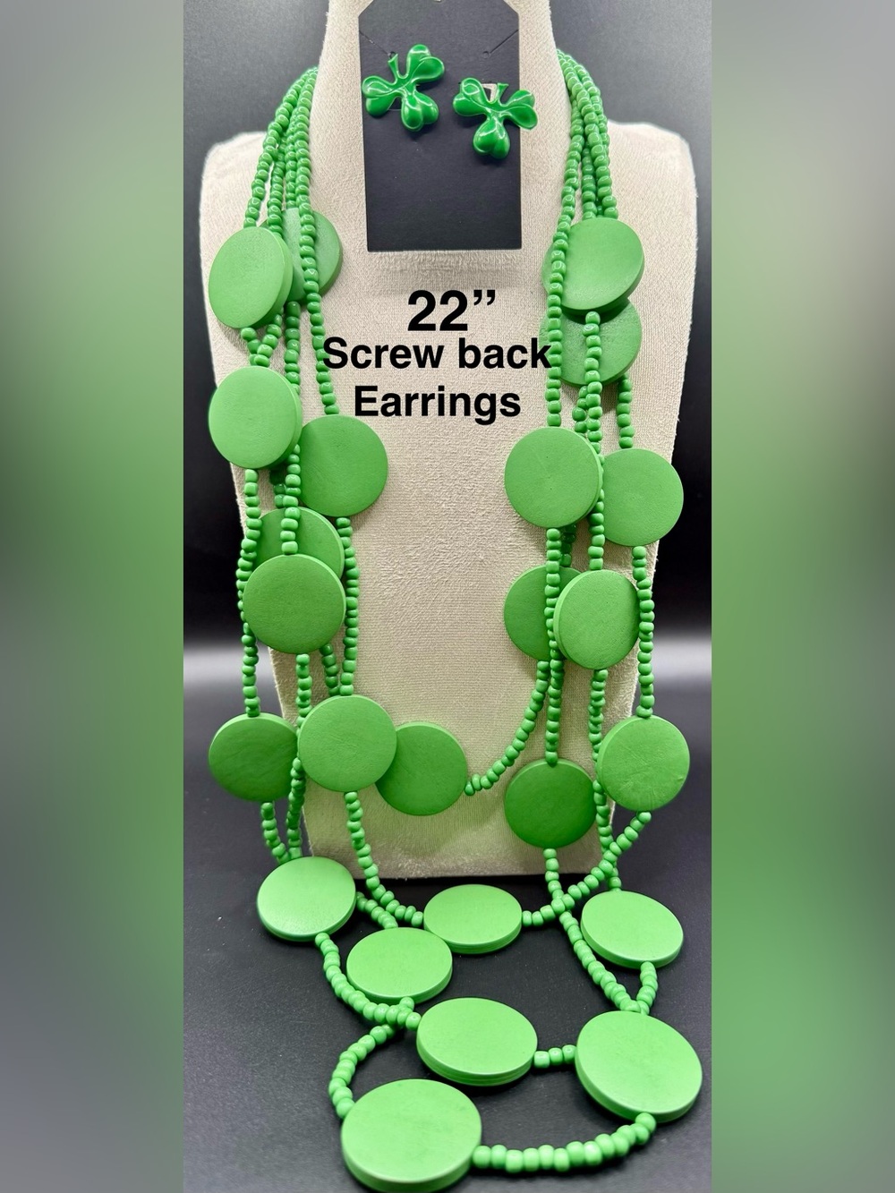 Green Beaded Disc Necklace and Screw-Back Earrings